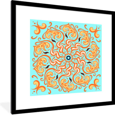 Fotolijst incl. Poster - Mandala - Bloem - Oranje - Blauw - 40x40 cm - Posterlijst