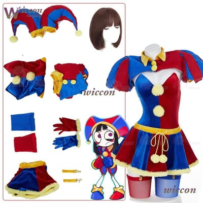 Clown Circus Cosplay Kostuum Ontwerp Volwassen Digitale Pomnii Pruik Hoed Fluweel Rok Cartoon Kerstfeest Carnavals Outfit M blue