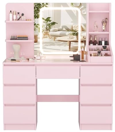 Moderne Kaptafel met LED Spiegel en Verlichting, instelbare helderheid, 4 planken en 7 laden, 110 x 40 x 139 cm, grote opbergruimte (Roze)