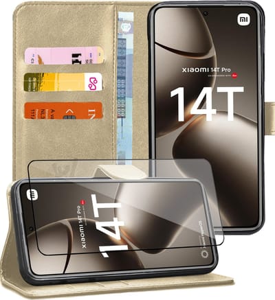 Hoesje geschikt voor Xiaomi Redmi 14T / 14T Pro - Screenprotector Glas - Portemonnee Book Case Goud
