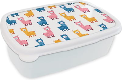 Broodtrommel Wit - Lunchbox - Brooddoos - Lama - Dieren - Patronen - Roze - Blauw - 18x12x6 cm - Volwassenen
