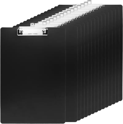 Pack van 15 zwarte A4 clipboards, 22.5x31.5cm plastic met metalen klem, ideaal voor schrijven en schilderen