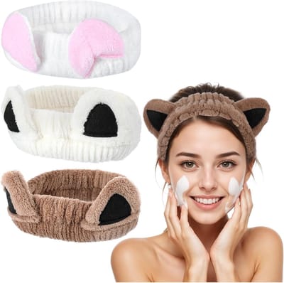Set van 3 Schattige Kattenoren Haarbanden voor Dames - Ideaal voor Make-up, Douche en Sportactiviteiten (Koffie, Beige, Wit)