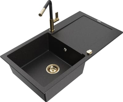 Mexen Leo granieten spoelbak 1-komer met afdruipplaat en keukenmengkraan Flora, zwart/zilver metallic - 6501-73-670401-57-G
