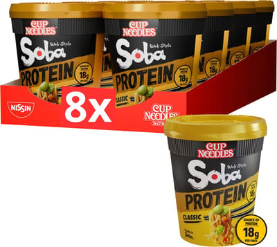 Nissin Soba Cup Noodles Protein - Classic Wok Style Noedels met Eiwit - Instant Noodles - 8 stuks