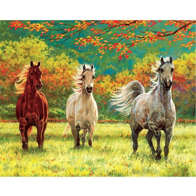 Diamantschilderij Borduurhandwerk Diamantborduurwerk Heldere steentjes Drie herfstpaarden 20X30CM yellow
