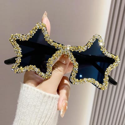Vijfpuntige Ster Diamant Frameloze Zonnebril Dames Modieus en Gepersonaliseerd Fotoshoot Zonnebril Overdreven Dansfeest [Source factory straight hair] black