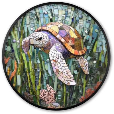 Poster in lijst Rond - Fotolijst 60x60 cm - Posters - Schildpad - Zeewier - Mozaïek - Ronde posterlijst zwart - Decoratie - Wanddecoratie woonkamer - Muurdecoratie slaapkamer