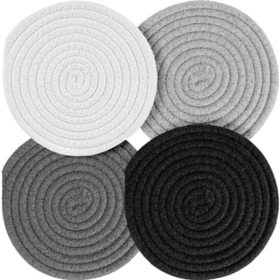 Set van 4 Grijs Ronde Gevlochten Onderzetters - 18 cm Diameter - Hittebestendige Placemats en Pannenlappen - Katoenen Materiaal - Antislip - Geschikt voor Keuken en Eetkamer