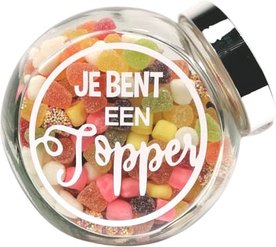 Snoeppot met tekst "je bent een Topper, examen - geslaagd cadeautje - snoepcadeautje - gevuld met tum tum