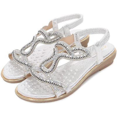 Vrouwen Sandalen Nieuwe Platte Mode Strass Zomer Sandalen Vrouwen Schoenen Effen Kleur Casual Zomer Schoenen Open Tenen Wig Schoenen Vrouw 42 zilver