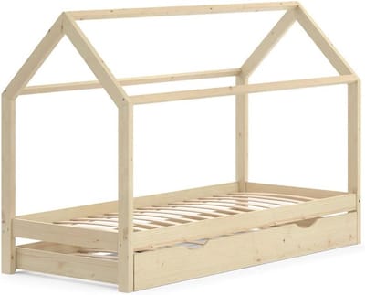 Huisbed met Logeerbed - Natuurlijk Hout, 90x200 cm