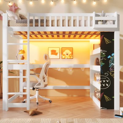 Multifunctionele Hoogslaper 140x200 cm met Bureau, LED-verlichting, Krijtbord en Kast, Wit