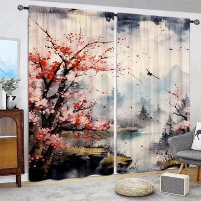 2 stuks Gordijn met landschapsschildering voor huisdecoratie - Tunnelgordijn voor raambekleding voor slaapkamer, kantoor, keuken, woonkamer 52.5cmX116cmX2pcs gray