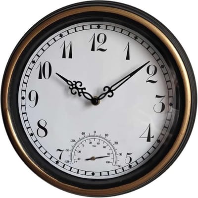 Waterdichte Buitenklok - Weerbestendige Klok - Binnen en Buiten - Geïntegreerde Thermometer Stil - 30.5 cm Diameter - Zwart
