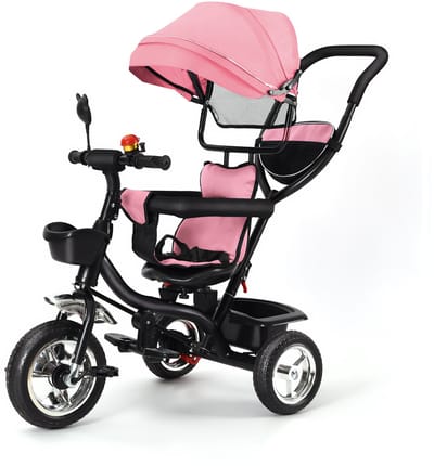 PIPIPOXER -Kinderdriewieler Driewieler met duwstang-360° draaibare zit-Met zonnescherm- Roze