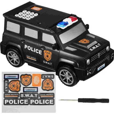 Vingerafdruk Spaarpot voor Bankbiljetten Puzzel Politiewagen met Wachtwoord Plastic Elektronisch Vergrendelend Kinderspeelgoed gray