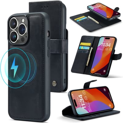 Casemania Echt Leren Hoesje Geschikt voor Apple iPhone 15 Pro Max - Charcoal Gray - 2-in-1 Magnetisch Afneembare Book Case - Portemonnee Hoes met Pasjeshouder - Geschikt voor MagSafe