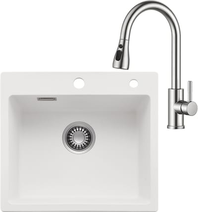 CECIPA max Spoelbak Keuken 50x45CM - Graniet Spoelbak Met Keukenkraan Met Uittrekbare Uitloop - Enkele spoelbak Wit - Met waterafvoersysteem - Voor 50 cm kast