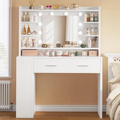 Kaptafel met spiegel - Make-uptafel meubel - Make-up aanbrengen - Verstelbare LED-verlichting - 80cm breed - Wit