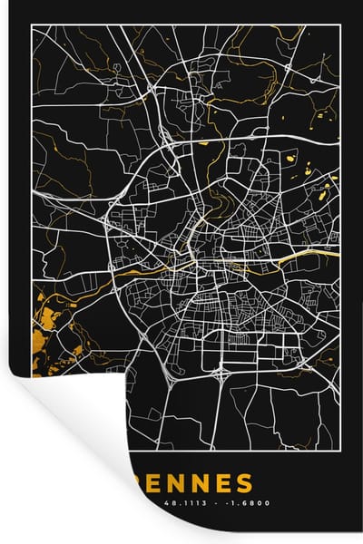 Muurstickers - Sticker Folie - Kaart – Plattegrond – Rennes - Frankrijk – Stadskaart - 20x30 cm - Plakfolie - Muurstickers Kinderkamer - Zelfklevend Behang - Zelfklevend behangpapier - Stickerfolie