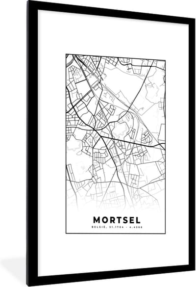 Fotolijst incl. Poster Zwart Wit- Zwart Wit – België – Plattegrond – Stadskaart – Kaart – Mortsel - 60x90 cm - Posterlijst