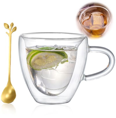 glazen set, koffieglazen, dubbelwandig, 180 ml, theeglazen met handvat en lepel, hartvormige espressokopjes, cadeau voor vrouwen, Moederdag, verjaardag, bruiloft, Valentijnsdag (1)