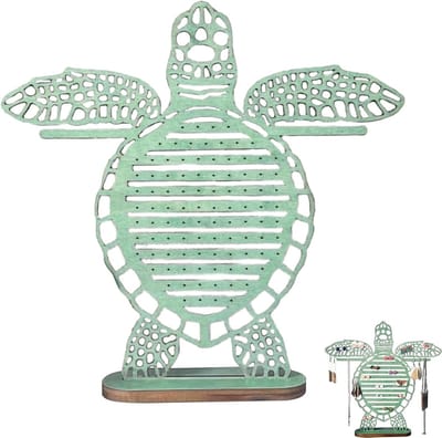 Sieradenstandaard met Schildpadontwerp, Houten Houder voor Oorbellen, 99 Gaten voor Kettingen, Ringen en Horloges, Groene Kleur
