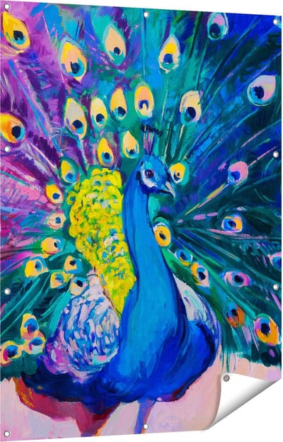 Gards Tuinposter Pauw met Kleurrijke Veren van Olieverf - Abstract - 90x120 cm - Tuindoek - Tuindecoratie - Wanddecoratie buiten - Tuinschilderij