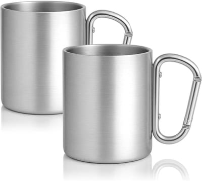 longziming -2x RVS Geïsoleerde Drinkbekers 300 ml – Met Karabijnhaak – Onbreekbare Koffiemokken – Lichtgewicht – Ideaal voor Wandelen, Kamperen & Outdoor