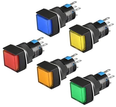 5 Stuks 16 mm Vierkante Drukknopschakelaars met LED-lamp in Rood, Blauw, Groen, Geel en Oranje