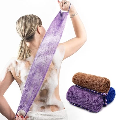 Afrikaanse netspons, 3 stuks douchespons met handvat, badlichaam exfoliërende douche lichaam rugscrubber zachte duurzame nylon pakken voor dagelijks baden voor vrouwen en mannen, paars+blauw+