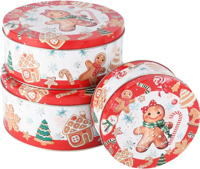Dekoratief | Set 3 bewaardozen 'Cookies', rood/wit, metaal, 20x20x9cm | A255902