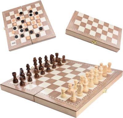 Shagam - 3-in-1 Set - 29 x 29 cm - Schaakbord - Dambord (8x8) - Backgammon - Hout - Met Schaakstukken - Opklapbaar - Schaakspel - Schaakset - Schaken - Chess - Damset