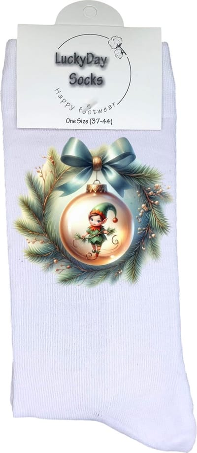 Elfje - Verjaardag cadeau - Grappige sokken - Print sokken - Leuke sokken voor heren en dames - Moederdag - Vaderdag - Cadeau voor hem en haar - Kerstcadeau - Vrolijke sokken - Kerstbal - Valentijns cadeau - Socks waar je Happy van wordt - Maat 37-44