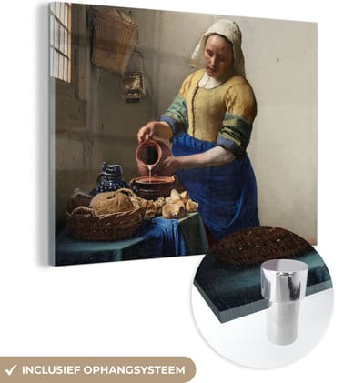 MuchoWow® Glasschilderij 160x120 cm - Schilderij acrylglas - Het melkmeisje - Schilderij van Johannes Vermeer - Foto op glas - Schilderijen