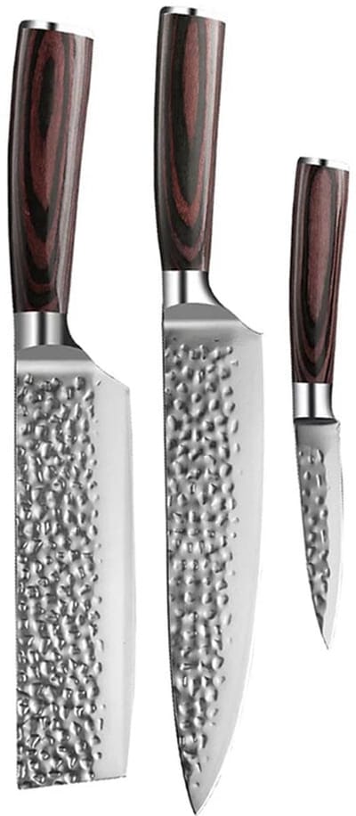 Shinrai Knives - Hammered RVS 3-delige Messenset - Koksmes + Nakiri + Schilmes