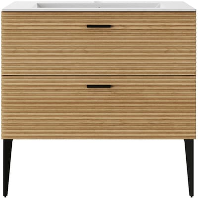 Vente-unique Badkamermeubel staand met inbouwwastafel - 2 lades - kleur: naturel gestreept - 80 cm - SARONE
