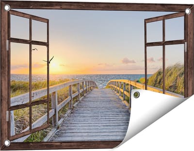 Gards Tuinposter Doorkijk Voetpad met Zee en Vogels - 60x40 cm - Tuindoek - Tuindecoratie - Wanddecoratie buiten - Tuinschilderij