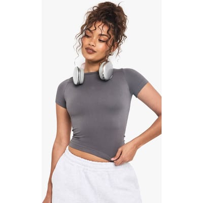 Dames Boohoo Basics Naadloze Rib Top met Korte Mouwen | Houtskool | Maat: Large