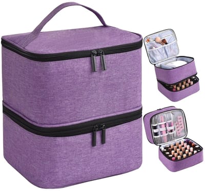 KZQ Nagellak Organizer - Dubbellaags ontwerp, grote capaciteit, biedt ruimte aan maximaal 30 flesjes nagellak en een nagellaklamp - Gemaakt van PU-leer - Geschikt voor thuis, nagelsalons en op reis - Afmetingen: 24 x 20,5 x 24 cm - Paars