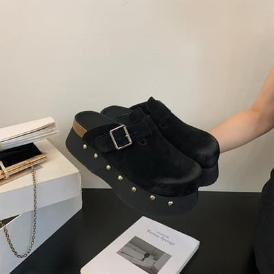 Dames Echte Lederen Schoenen Dames Pantoffels Bedekte Teen Platform Med Loafers Pantofle Platte Rubberen Slippers PU Retro Gesp S 39 white