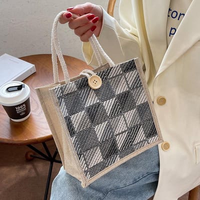 Ruit Canvas Handvat Jute Tas Modieuze Handheld Lunchbox Lunchtas Ins Student Kleine Schoudertas Dames