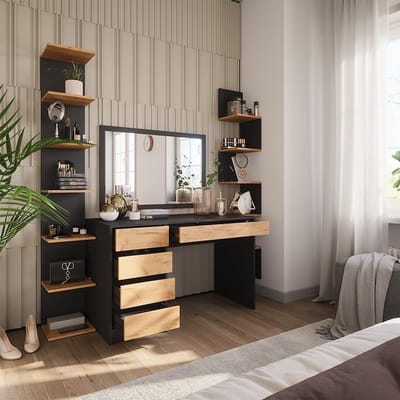 Make-uptafel met 5 lades Antraciet en Goldkraft Eiken 120x75 cm zonder spiegel