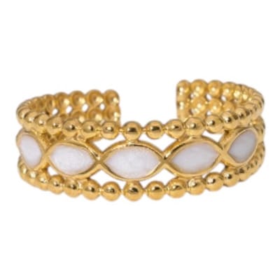 Aramat Jewels | Ringen | Open Ring RVS met Bolletjes Motief en Emaille Eclips (7 mm) | Wit | |7mm | Staal | Volwassenen | Verkleurd niet
