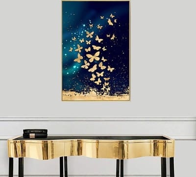 Allernieuwste Canvas Schilderij Vlinders Blauw Goud - Kunst - Modern - Poster - 50 x 70 cm - Kleur