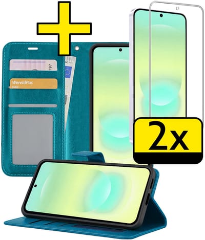 Hoesje - Met 2x Screenprotector - Geschikt voor Samsung Galaxy A37 - Luxe Pasjeshouder - Bookcase Portemonee - Flip Case - Kunstleer Book Case - Flipcase Hoes - Book Cover - Walletcase - Portemonneehoes - Telefoonhoesjes - Turquoise