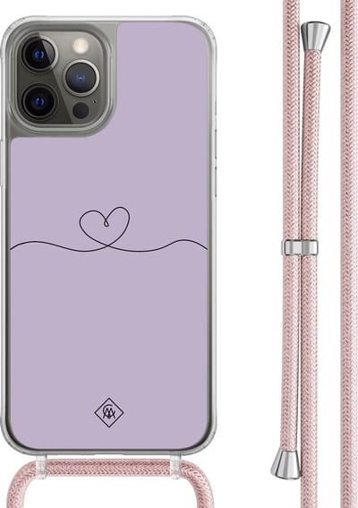 Casimoda® hoesje met rosegoud koord - Geschikt voor iPhone 12 Pro - Hart Lila - Afneembaar koord - TPU/polycarbonaat - Paars