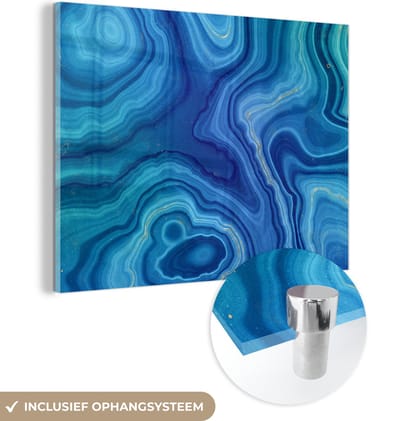 MuchoWow® Glasschilderij 120x90 cm - Schilderij acrylglas - Marmer - Agaat - Blauw - Stenen - Foto op glas - Schilderijen