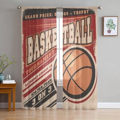 Retro Basketbal Poster Design Chiffon Transparante Gordijnen voor Woonkamer Slaapkamer Keukendecoratie Raam Voiles Tule Gordijn 135W x 114H(cm) brown